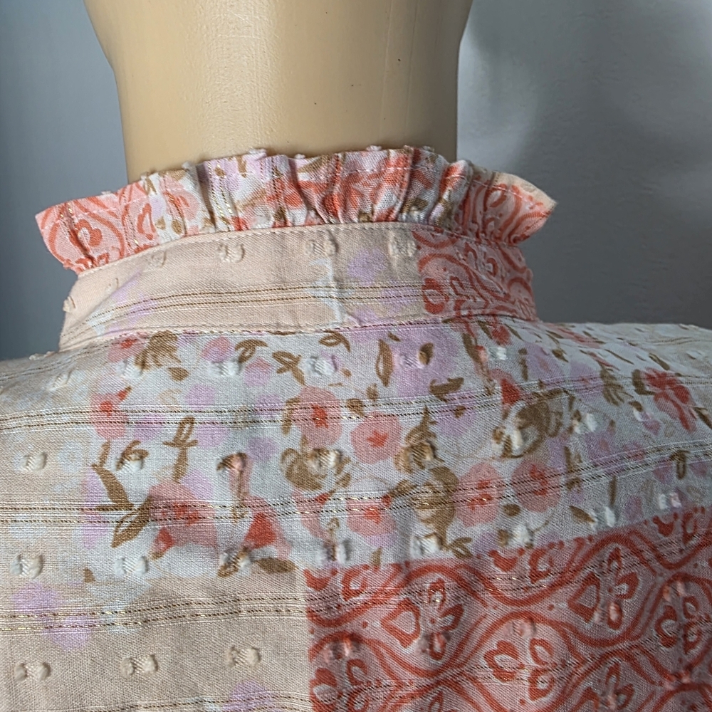 Style & Co. Patchwork Ruffle-Neck Blouse in Coral & Cream Size US/M - Picture 6 of 13